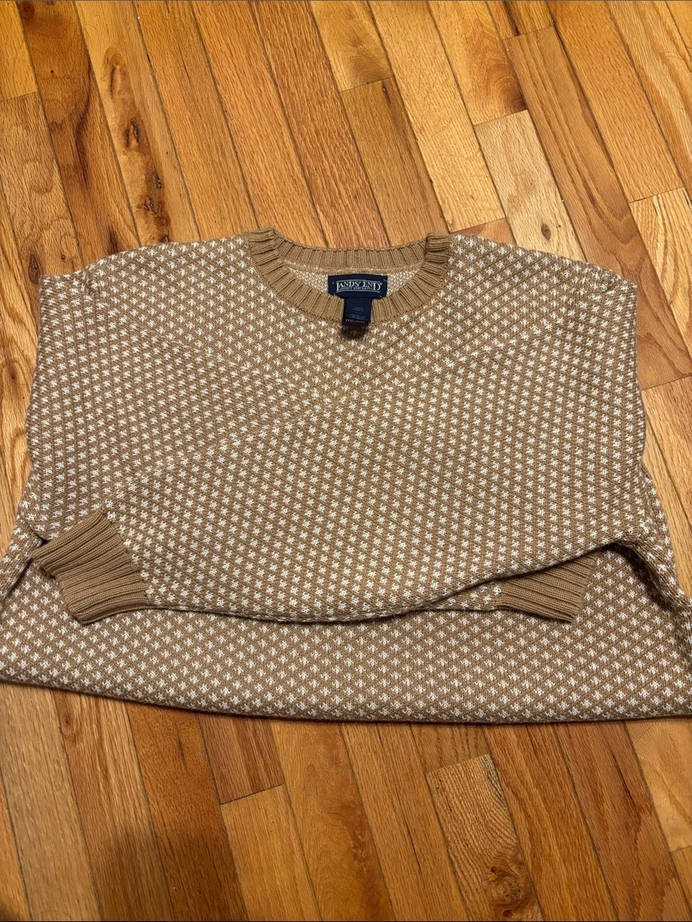 Vintage Lands End  Tan and Cream Textured Crewneck Sweater Heavy 100% Cotton